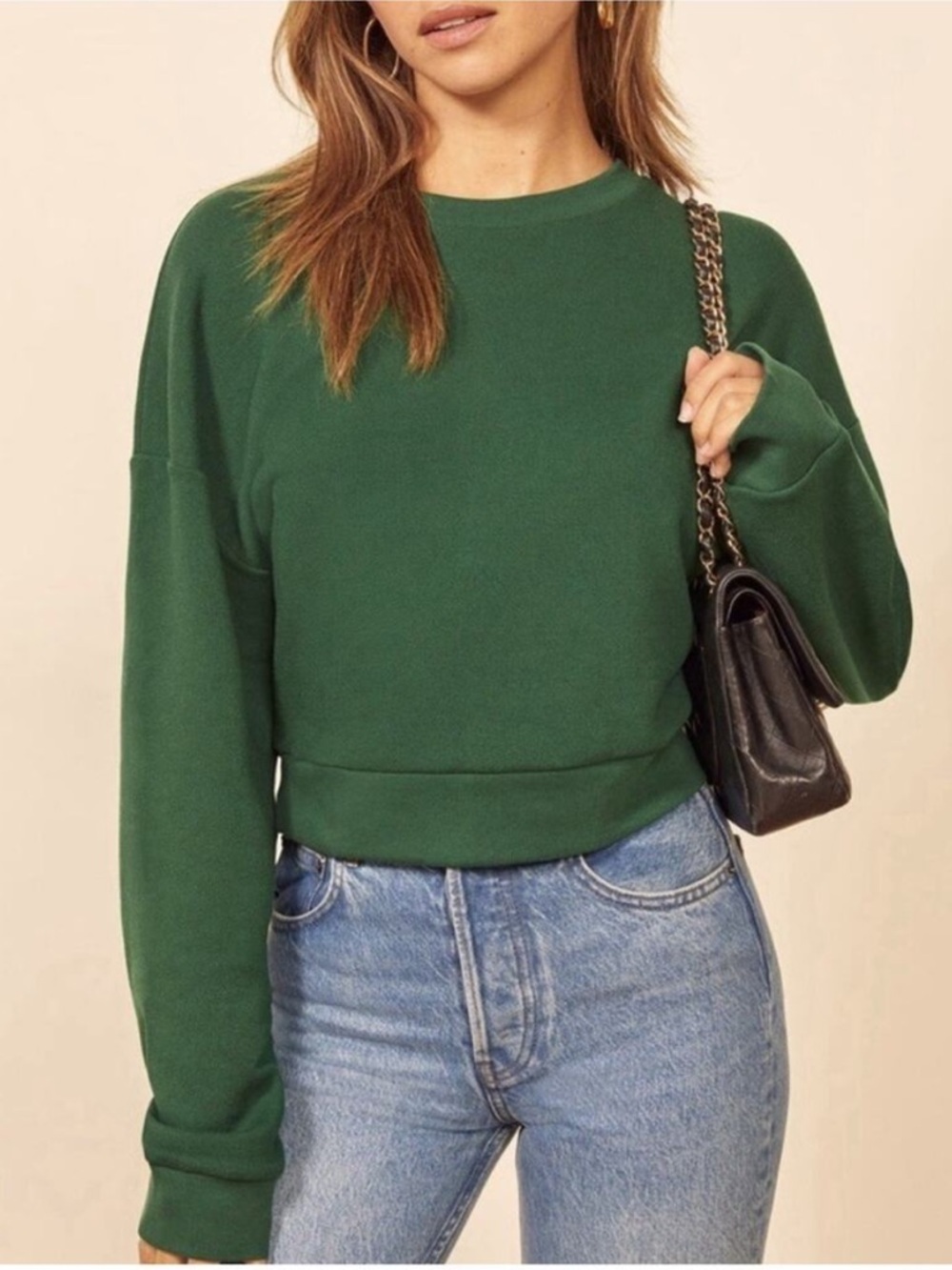 Reformation Jeans Forest Green Cropped Crewneck Sweatshirt Size Small Oversized - Picture 2 of 9